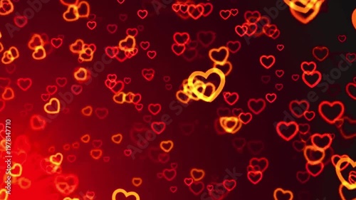 Vibrant red and yellow glowing hearts floating in dark background