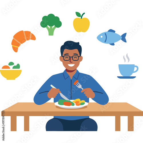 Man eating healthy food at a table with various dishes around