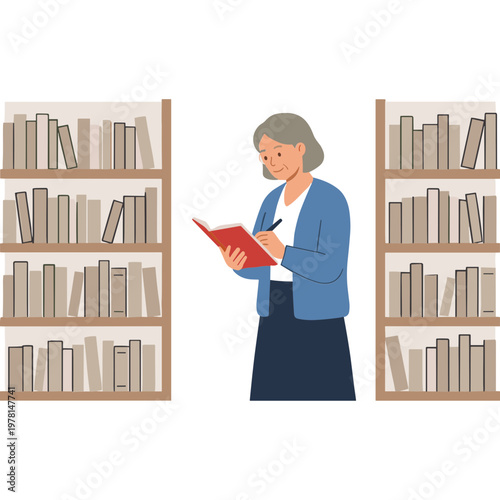 Woman reads book standing between two large bookshelves in library