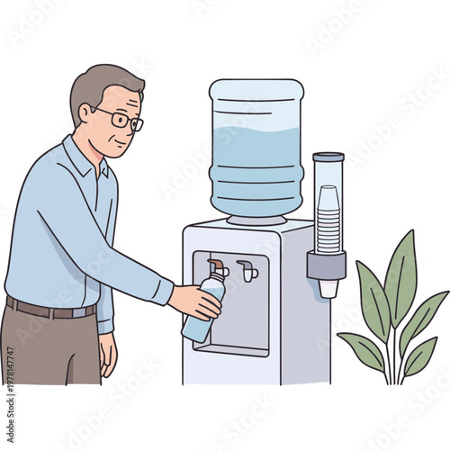 Man filling bottle at office water cooler with plant nearby