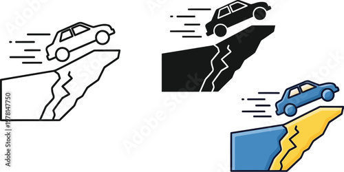 A dynamic vector illustration showing multiple cars rapidly driving off a crumbling cliff edge, symbolizing danger, risk, and impending collapse in graphic design.