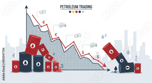Petroleum trading graph showing decline with oil barrels.