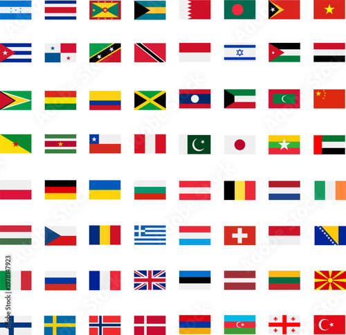Vector collection of world national flags in flat design for international travel and geography education