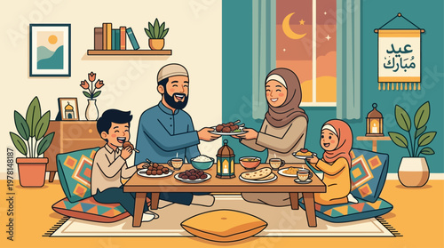 A heartwarming Flat Design vector illustration showing a happy Muslim family celebrating Eid al-Adha, exchanging gifts and sharing a festive meal.