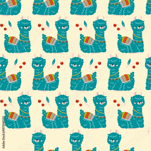 Cute Alpaca Sitting Vector Seamless Pattern