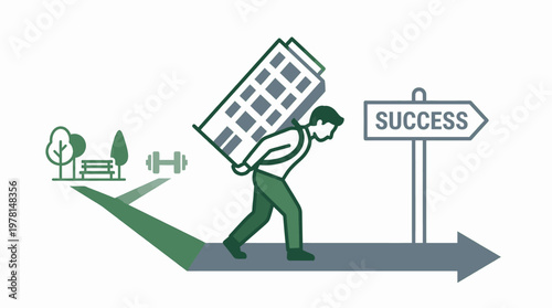 Man Carrying Large Building Towards Success Sign Directional Arrow