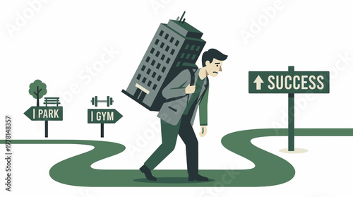 Man Carrying Heavy Building on Back Towards Success Sign Metaphor