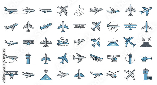 Collection of various airplane icons and symbols.