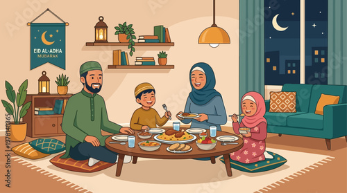 A heartwarming Flat Design vector illustration showing a happy Muslim family celebrating Eid al-Adha, exchanging gifts and sharing a festive meal.