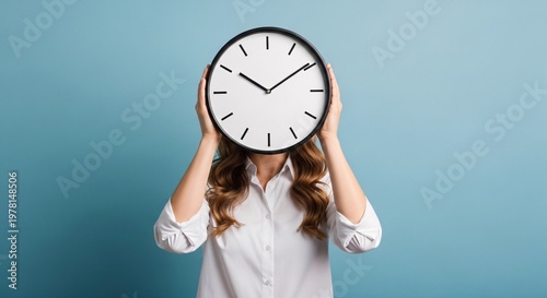 Person Holding Large Wall Clock Covering Face in Front of Blue Background Concept of Time Management and Punctuality for Business and Personal Use