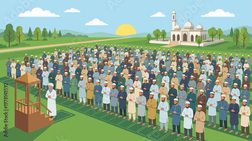A peaceful Flat Design vector illustration showing a diverse Muslim community performing Eid prayer outdoors, emphasizing unity and devotion. This modern graphic captures the essence of communal worsh
