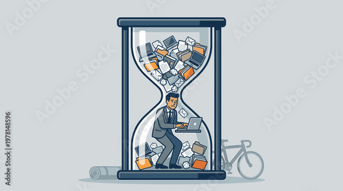 Man Overwhelmed by Work Tasks Inside an Hourglass Symbolizing Time Pressure