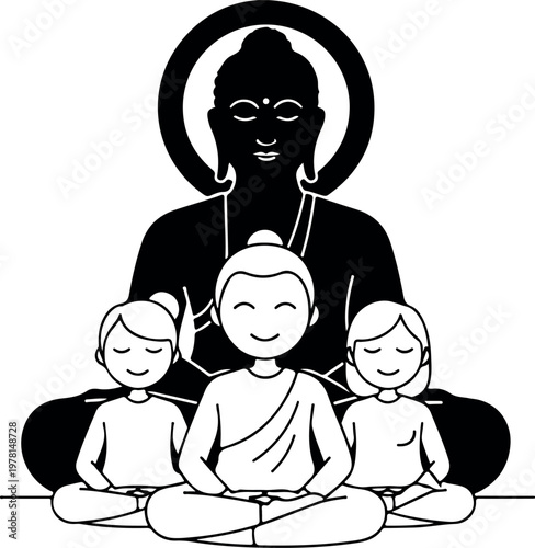 buddha statue family meditation illustration peaceful harmony