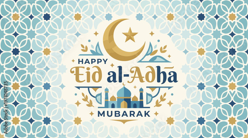 An elegant Flat Design vector illustration featuring 'Happy Eid al-Adha' typography, beautifully complemented by a crescent moon and star motif. This modern graphic is ideal for expressing warm holida