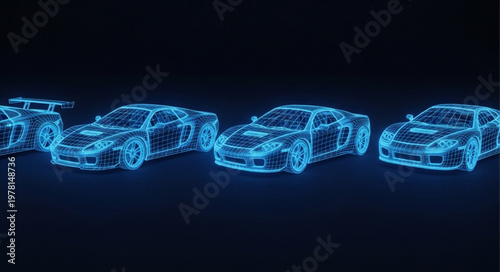 Futuristic Blue Wireframe Sports Cars Lined Up.