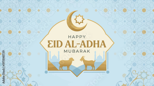 An elegant Flat Design vector illustration featuring 'Happy Eid al-Adha' typography, beautifully complemented by a crescent moon and star motif. This modern graphic is ideal for expressing warm holida