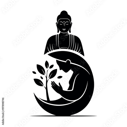 Buddha statue holding eco-friendly earth with plant growth symbol