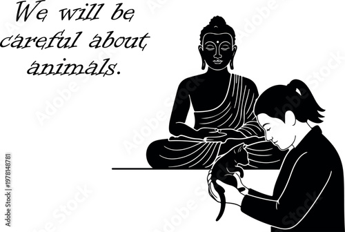 buddha statue teaching animal care to child in meditation