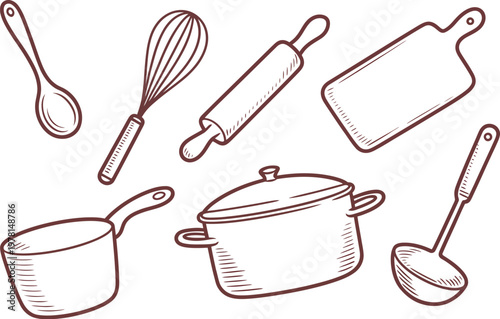 Kitchen Utensils Doodle Icon Set Vector Illustration, Hand Drawn Cooking Tools Collection for Culinary, Food Preparation, Restaurant Menu Design, Home Kitchen, and Recipe Graphics