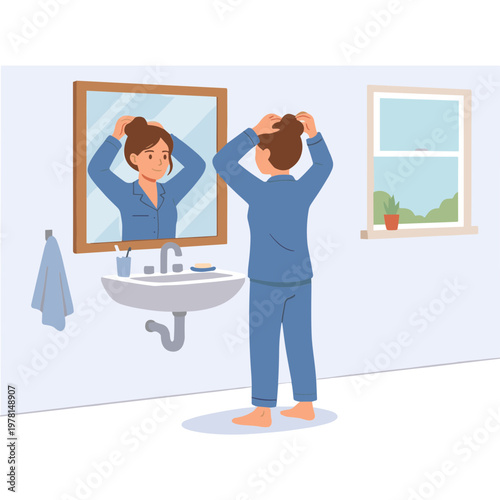 Man styling hair in front of bathroom mirror reflection