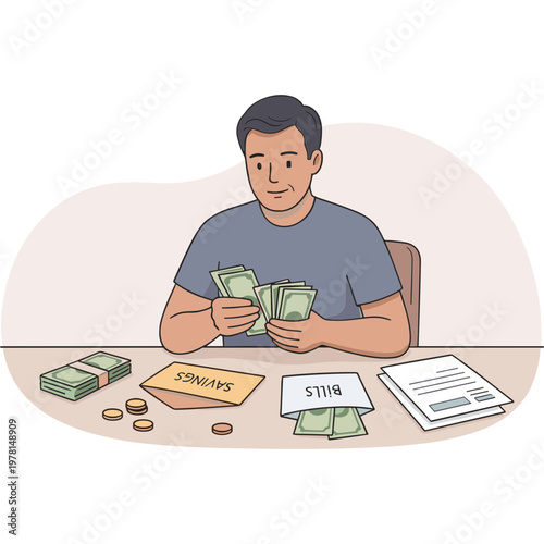 Man counting money at a desk with bills and coins scattered around