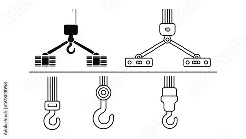 Lifting Hook Variations: A detailed illustration showcasing various types of industrial lifting hooks. Emphasizing design, and construction, each variant serves specific functions.