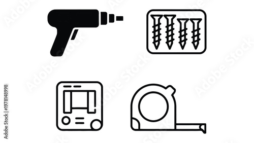 Tools of the Trade: A collection of essential tools in monochrome, from a power drill to a measuring tape, symbolize the hands-on craft of building and creating.