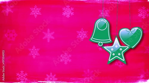 Festive Christmas decorations with bell, star, and heart on pink background