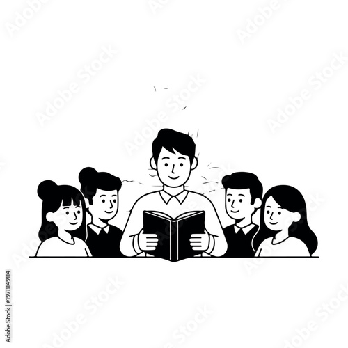 Teacher reading book to attentive students in classroom setting