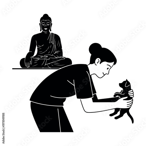 woman meditating with black cat at buddha statue illustration