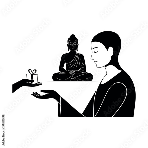 woman offering gift to buddha statue in meditation setting
