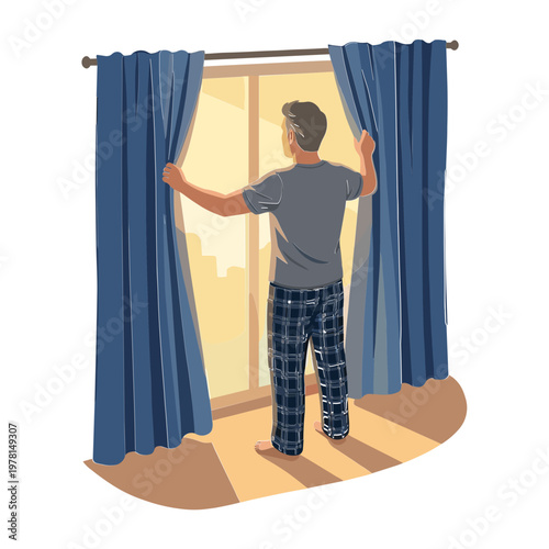 Man opening blue curtains to reveal city view from inside