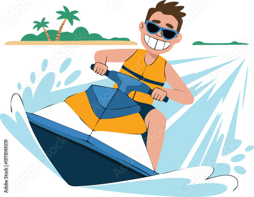 Young Man Riding Jet Ski on Ocean Waves Summer Water Sports and Extreme Adventure Concept Vector Illustration
