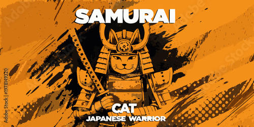 A whimsical illustration of a cat dressed as a samurai warrior