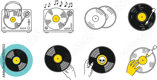 Vinyl record and turntable icon set featuring DJ player, music records, spinning vinyl disc and retro audio equipment vector illustration