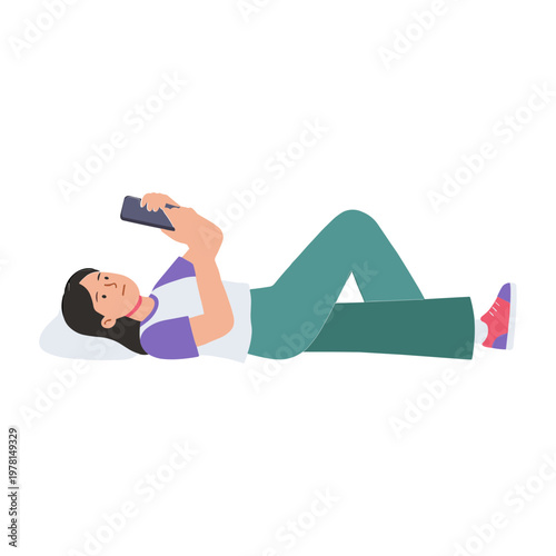 A woman lies on her back reading a book on her phone in a relaxed position.