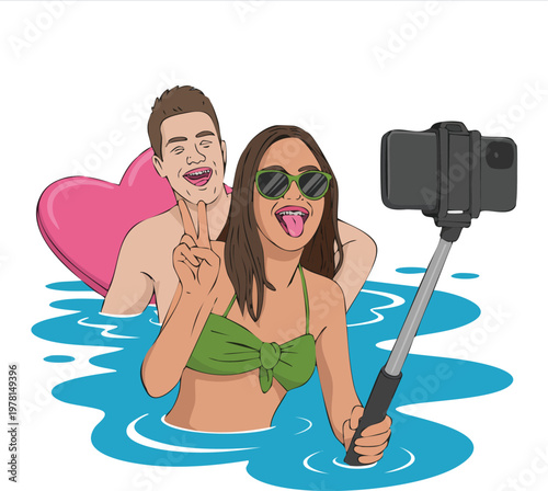 Happy Couple Taking Selfie with Stick on Heart Shaped Floaties in Swimming Pool Summer Date Concept Vector Illustration

