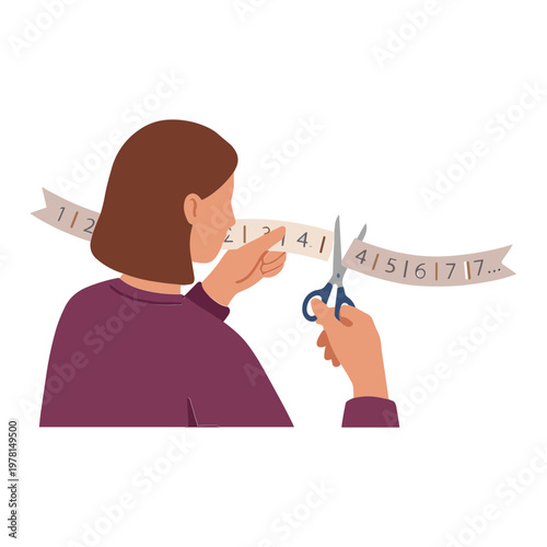 Woman cutting a strip with numbers using scissors in her hands