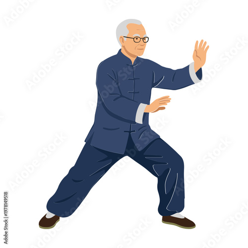 Elderly man practices tai chi in a serene outdoor setting with trees.