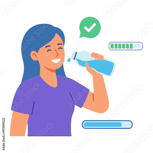 Woman drinking water from a bottle with a satisfied expression