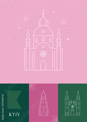Kyiv travel poster, greeting card with famous landmarks