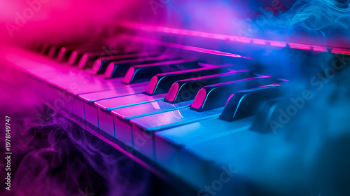 Piano keyboard with colorful smoke swirls under dramatic neon light