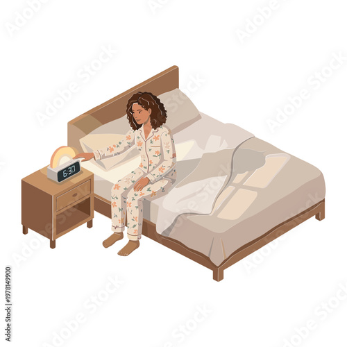 Woman wakes up in bed, sitting beside nightstand with alarm clock