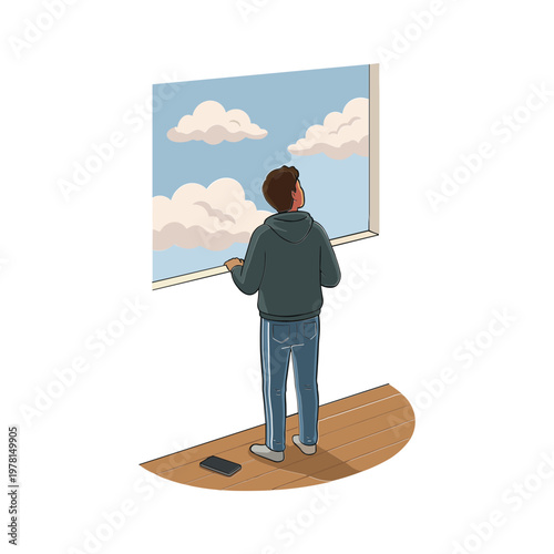 Man standing on wooden floor looking out window at cloudy sky
