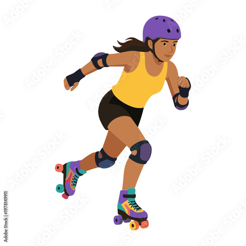 A woman wearing protective gear is rollerblading quickly outdoors in a lively action scene.