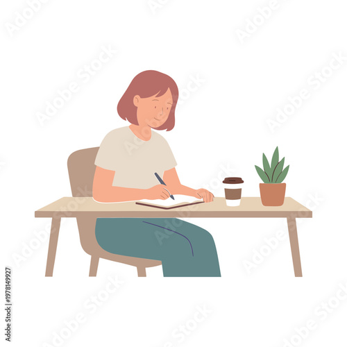 Woman sits at desk writing in notebook with coffee and plant nearby indoors