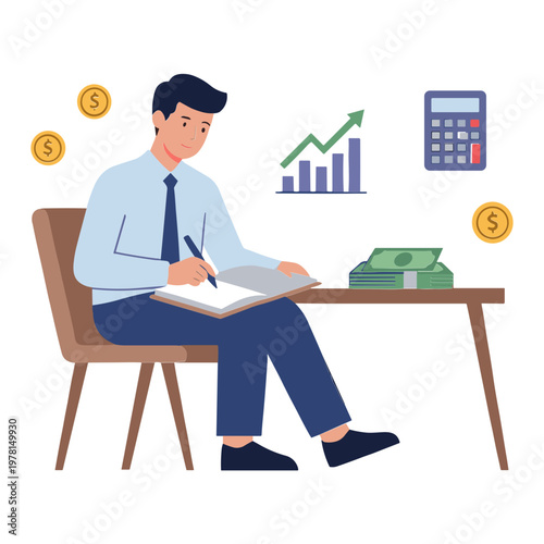 A man sitting at a desk calculating money with a calculator and notebook