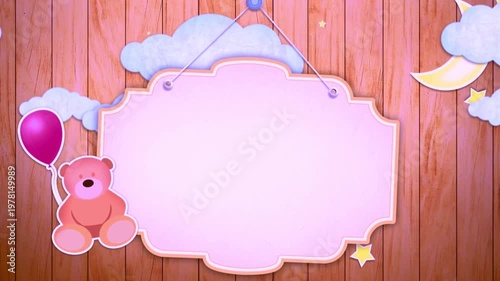Adorable teddy bear and clouds on wooden background with pink sign