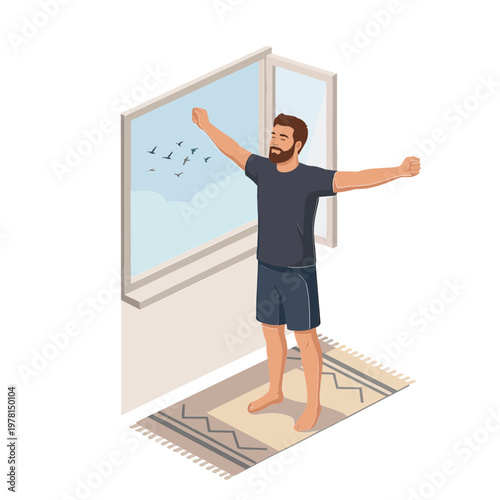 Man standing by window with arms outstretched looking at birds flying outside