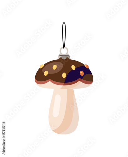 Retro Christmas tree bauble with shape of mushroom. Xmas ornament with boletus form hanging with string. New Year decoration and winter holiday decor. Flat isolated vector illustration on white